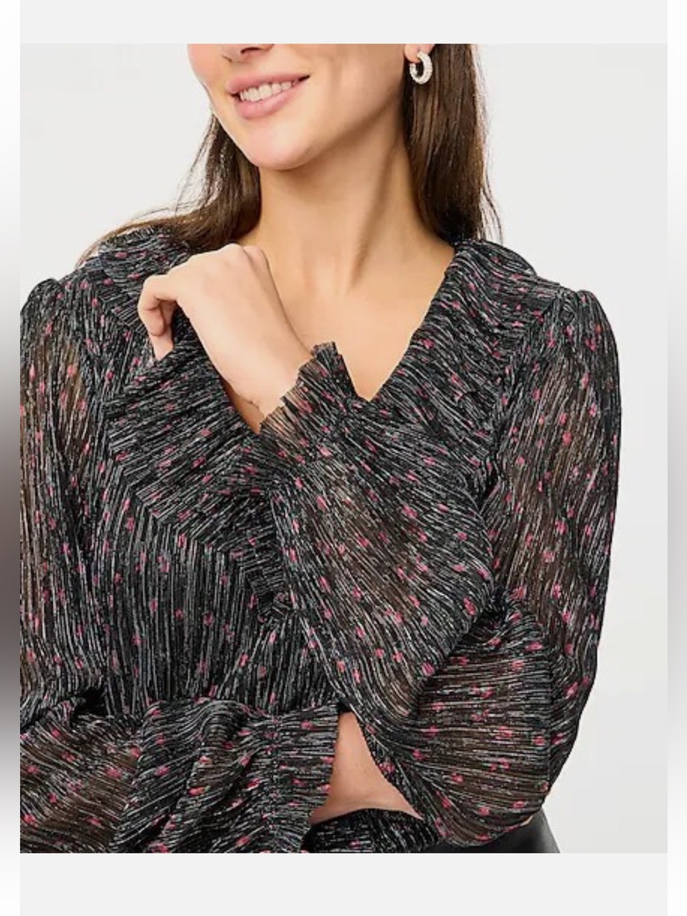 J. Crew Factory Black Sheer V-Neck Blouse with Pink Flecks